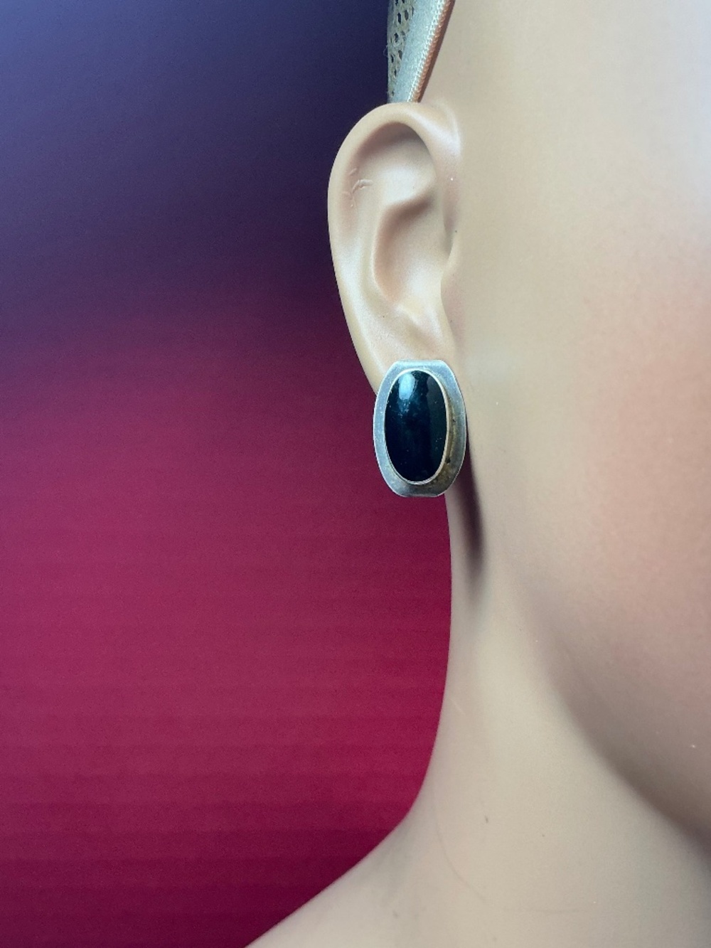 Sterling Silver Elongated Stud Mexican Earrings with a Black Stone. 3/4” long